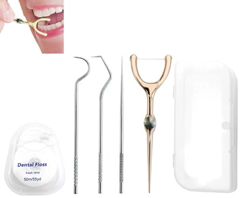 DKJEkdje Portable Toothpicks Pocket Set, Reusable Tooth Picks Flossers Dental Floss Picks Travel Tooth Picker Teeth Cleaning Kit for Adults, Rose Gold
