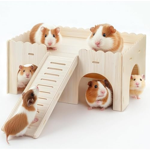 Casa per Porcellini d'India con Rampa 4 Entrate | Accessori per Conigli | Legno Naturale 38x25x18 cm | Giocattolo per Piccoli Animali