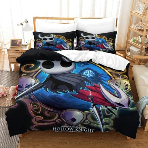 Hollow Knight Funda Nórdica Funda De Edredón Familiar Y Niños 3D Impresión Juegos Y Funda De Almohada con Cremallera Juego De Cama Microfibra 3 Piezas Single（140x200cm）