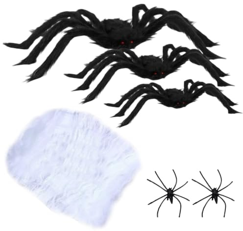 Halloween Deko Spinne Set – 6-teiliges Spinnenset mit 3 Plüschspinnen (75/50/30 cm), 2 kleinen Spinnen und 20g Spinnennetz – Schwarz Rot – Ideal für Haus, Garten, Party und Gruselhaus