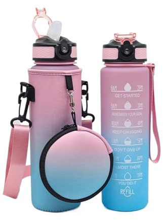 LCKKJHG Vattenflaska, väska, 1 000 ml, vattenflaska, flaska, väska, mugg, skydd, sport, tumbler, vattenflaska, fodral med hörlurar, campingtillbehör, 1 000 ml (rosa grön)