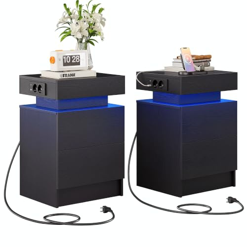 IRONCK Nachttisch 2er Set, Nachtschrank mit Ladefunktion, LED, 40x35x60 cm | Beistelltisch mit 2 Schubladen, schlafzimmer möbel mit Steckdosen, USB & USB-C, für Wohnzimmer, Nachtkommode 2er set Schwarz