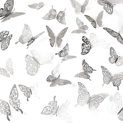 Handship 96Pcs Silver Butterfly Wall Decor 8 Styles 3D Metallic Butterflies Wall Art Stickers Removable Decals for Birthday Party Cake Wedding Home Bedroom Living Room Office Festival Decorations