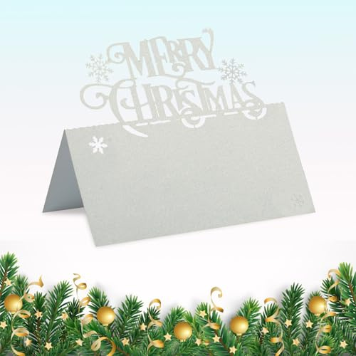 50Pcs Christmas Place Cards for Table Settings, Merry Christmas Name Place Cards, Elegant White Xmas Table Cards for Wedding, Party, Holiday Dinner Decoration