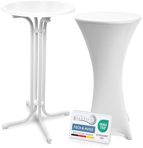 Beautissu Weißer Stehtisch klappbar 60 cm mit Stretch Stehtischhusse Weiß – Outdoor Bistrotisch Kratzfest, UV- & wetterbeständig – Husse rutschfest, waschbar & bügelfrei – Bellini & Stella