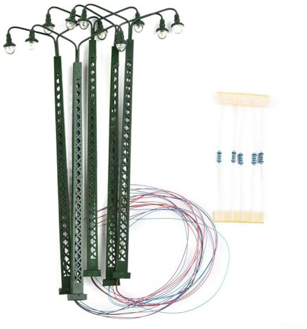 5x LED Gittermast Leuchten H0 Spur Modellbahn Beleuchtung 3V DC/AC 20mA mit Widerständen für 12-16V Anschluss Metall Eisenbahn Layout Zubehör