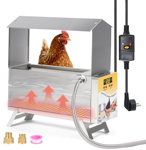 MOGOULUA 9L Edelstahl Heizender Hühnertränke Automatische Hühner Waterer Automatischer Wasserspender für Hühner für Huhn Ente Gans Pute Taube Wachteln mit Schwimmerventil und 150cm Wasserschlauch