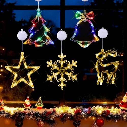 nnOuOnn 5PCS Christmas Window Lights, Suction Cup LED Christmas Lights Window Decorations – (Deer, Christmas Tree, Snowflakes, Star, Bells) Indoor Window Fairy Lights for Outdoor Party, Balcony Decor
