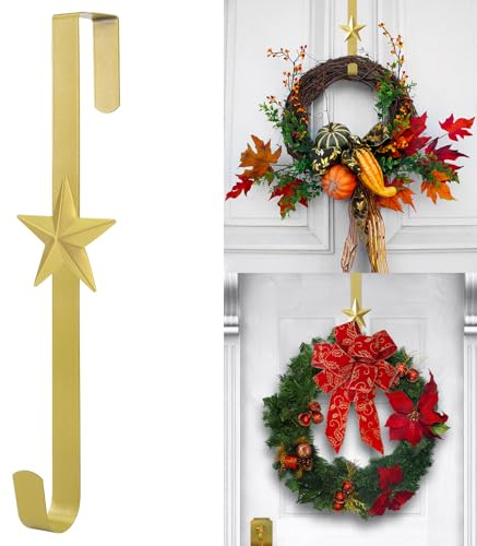 Kranzaufhänger für Haustür, 38,1 cm, stabile Metall-Kranz-Türaufhänger, Türhaken für Veranda, Girlande, Haken für Halloween, Weihnachtsdekorationen (goldener Stern, 1 Stück)