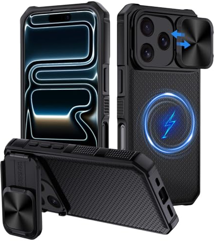 XTCASE Cover Magnetica per iPhone 17 Pro [Compatibile con Magsafe], Custodia Protezione Fotocamera Scorrevole Integrata con Supporto Regolabile Antiurto Antiscivolo Antigraffio, Nero