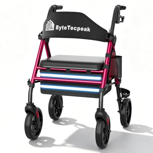 ByteTecpeak R4 Rollator faltbar und leicht mit Sitz, Rollatoren schmal für Wohnung, Rollatoren für Senioren klappbar mit 20 cm Reifen für All-Terrain, Sitz- und Griffhöhe verstellbar