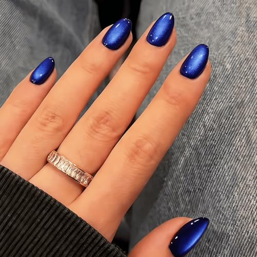 KQueenest Press On Nails Kurz - Cat Eye Schwarz Violett Blau Künstliche Nägel zum Aufkleben Kurz Rund, 30 Stück 15 Größen Chrome Fake Nails Press ons, Wiederverwendbar Glänzend Acryl Nägel für Damen