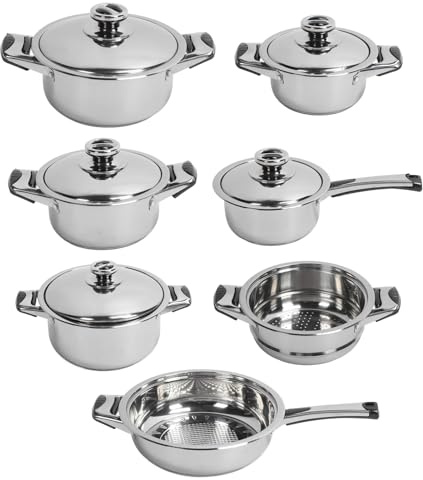 Juego de Ollas de Acero Inoxidable con Conducción Térmica Uniforme, Set de Cocina de 7 Piezas Incluye Cacerola, Sartén y Vaporera para Hogar