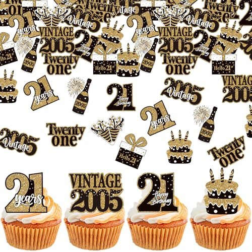 SYKYCTCY 63 Pack Edible Happy 21st Birthday Cupcake Toppers Glitter Hello Twenty-one 21 Fabulous Cupcake Picks Cheers to 21 Years Cake Decorations for Happy 21st Birthday Party Supplies