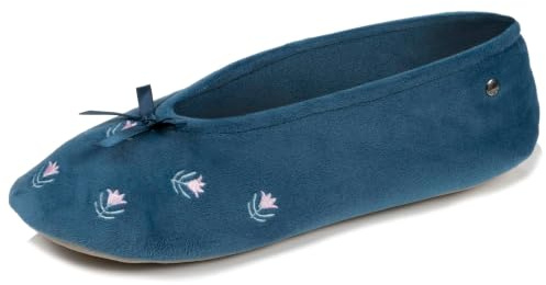 Isotoner Chaussons Ballerines femme nœud coton bio semelle cuir | Pantoufle Mousses complémentaires pour un confort durable et un maintien optimal au quotidien.