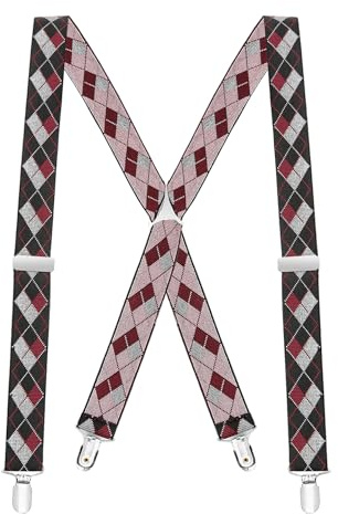 Buyless Fashion Suspenders for Men - 48 Elastic Adjustable Straps 1 1/4 - X Back - 5104-Red-White-Argyle