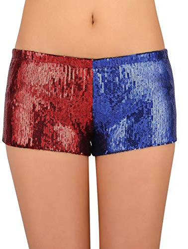 HDE Damen Rot und Blau Metallic Pailletten Booty Shorts für Harley Misfit Halloween Kostüm
