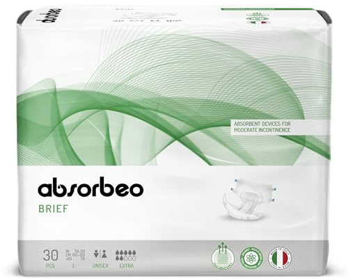 Absorbeo Windel EXTRA 30 Stück, Saugfähiges Hilfsmittel für Mittlere Blasenschwäche, Absoluter Komfort, Totaler Schutz, Anti-Odour-System, Vollständig Atmungsaktiv, Unisex, Größe L