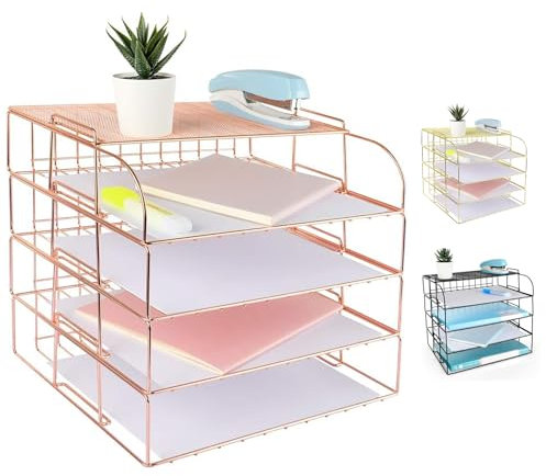 Spacrea Briefablage, 4-stufiger, rotgoldener Schreibtisch-Organizer und Zubehör für Damen, stapelbarer Papierordner mit 1 oberen Ausstellungsregal (Roségold)