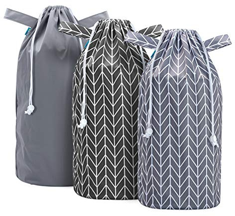 Teamoy 3 Pcs Baby Windelbeutel für Windeleimer,Grau+Schwarz+Graupfeilmuster | Wiederverwendbar Wetbag für Windeleimer, Windeltasche mit Kordelzug, Tragbare Baby Windel Müllsack