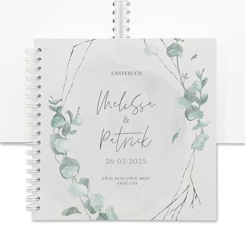 Gästebuch Hochzeit Eukalyptus personalisiert, Hochzeitsbuch mit blanko Seiten, 25 x 25 cm, stabile Ringbindug, Fotoalbum zum Einkleben, Feenstaub