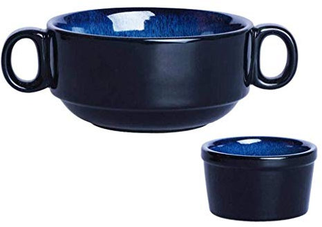 Sywlwxkq Soup Bowl Bowls with Handle Ceramic Retro Breakfast Tableware Pudding Snacks Dessert Baking Bowl 2-Piece Set-Black-300ML