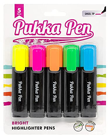 Pukka Pad, Highlighter Pens – 5 Pack of Chisel Tip Highlighters with Transparent Ink and Smudge Guard – Non-Toxic – Includes Yellow, Orange, Pink, Green, and Blue