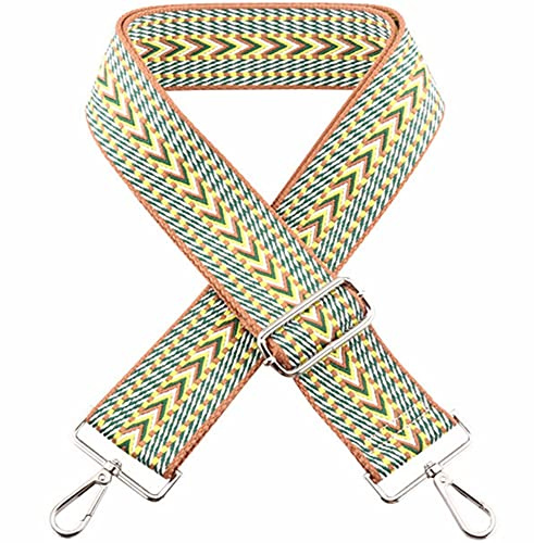 Kiwochy Verstellbarer Taschengurt Trageriemen Umhängegurt Breit Schulterriemen Breite 2 Zoll Karabiner in Silber Taschen Ersatz Schultergurt für Handtaschen Schulterriemen (Brauner Rand Grün-Gelb)
