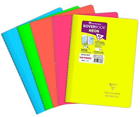 Clairefontaine 376723C - Spiralheft Koverbook NEON Umschlag aus PP blickdicht DIN A4, 21x29,7cm 80 Blatt, liniert, 1 Stück, farbig sortiert in Neonfarben