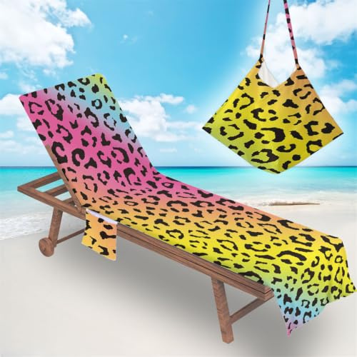 Surwin Sun Lounger Towel with Pockets, Leopard Print Beach Towel Chair Cover Sunbed Towels Lounger Bag for Summer Holiday Outdoor Garden Pool Vacation -Yellow, 75x210cm