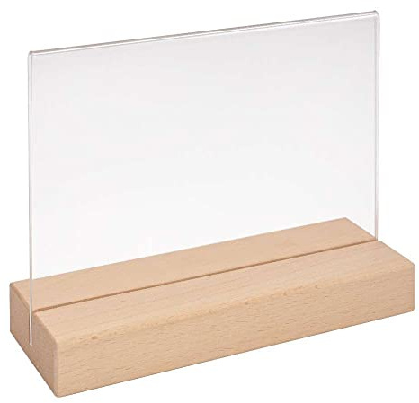 Tischkartenhalter DIN A5 Quer mit Fuß aus Buchenholz und Acryltasche | 2-teilig, Buchenholz EU unbehandelt, Acrylglas glasklar / Made in Germany / Einfacher Blattwechsel / sicherer Stand / Zeigis