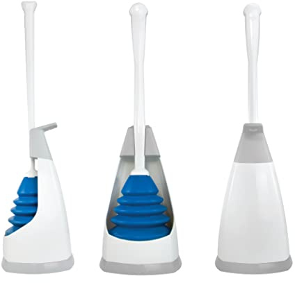 Unger EZ Plunger with No-Drip Carrying Caddy, Tight Seal Toilet Bowl Tool with Portable Holder, Discreet Bathroom Cleaning Supplies, Declogger with Cover, Accordion Shape for Less Splash Back