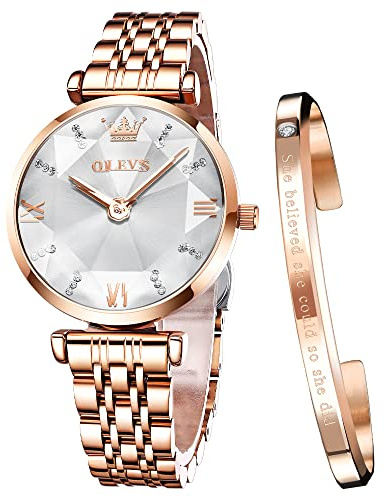 OLEVS Damenuhren Roségold Diamant Kleines Gesicht Edelstahlarmband Analoge Quarz Armbanduhren mit Kalender Leuchtend Wasserdicht Armreif Geschenke Set
