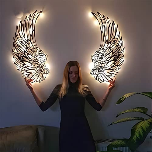 PRTECY 1 Pair Large Metal Angel Wings Wall Décor, Angel Wings Wall Sculpture Art Hanging Angel Wings for Home Bedroom Living Room Garden Office(With Light 16 Inch)