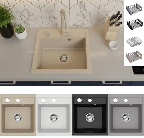 Faizee Möbel Granitspüle 48x50 hochwertig beidseitig Montierbar Küchenspüle Granit inkl.Siphon Set (Mit Armatur & Spülkorb, Beige)