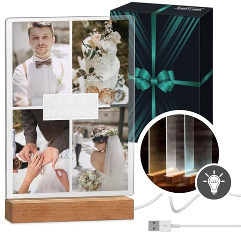Maverton beleuchteter LED-Fotoaufsteller mit Echtholzsockel - personalisiertes LED-Acrylglas mit eigenem Foto für Paare - Glasbild zur Hochzeit zum Valentinstag - Größe: 21x32x4,5cm - Initialen
