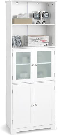 LIFEZEAL Armario Alto, Armario Independiente de Suelo con 4 Puertas, Gabinete con Estantes Ajustables, Mueble Organizador con 2 Puertas de Vidrio Templado para Baño, Cocina, Salón (Blanco)