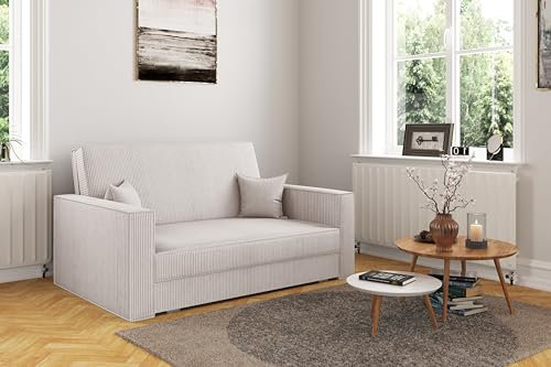 Kaiser Möbel - Sofa mit Schlaffunktion und Bettkasten, Sofa 2-sitzer, Schlafsofa mit Bettzeugbehälter, Klappsofa, Bettsofa, Bequemes Couch für Wohnzimmer und Schlafzimmer, Cordstoff, America, Beige
