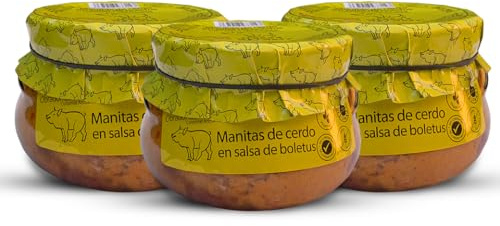 Pieds de porc 610grs (Lot de 3). Recette familiere et artisanale. Pieds de porc à la sauce aux cèpes. Conserves gourmandes. Cadeau original tout monde. 100% fabriqué en Espagne. Pieds de porc mijotés.