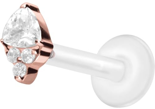 PIERCINGLINE PTFE Labret mit Gewinde + Titan-Aufsatz EINGEFASSTE KRISTALLE Piercing Lippe Nase Ohr Helix Tragus 1,2x10 mm Roségoldfarben