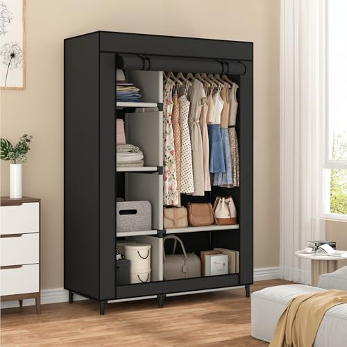 Calmootey Portable Closet Organizers, Clothing Storage, Wardrobe with 6 Shelves and Hanging Rod, Non-Woven Fabric Cover with 4 Side Pockets, Black
