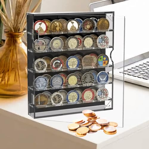 Qivine Acryl Münzen Aufbewahrung Box, Münzvitrine Münzalbum mit Abnehmbaren Regale, Münzdisplayhalter Souvenir Münzen Sammelalbum mit Magnetischer Tür für 45 Militärmedaillen, Pokerchip