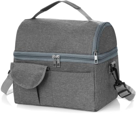 Lkw Ogechi Doppellagige Isolierte Lunchtasche 8.4L, Tragbare Thermo Kühltasche mit Verstellbarer Schultergurt, Isoliertasche Thermotasche Klein Leichte für Damen, Herren, Büro, Arbeit, Picknick (Grau)
