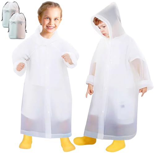 Domueay Poncho Pluie Imperméable Enfant, 2 Pièces Cape de Pluie Légère à Capuche EVA Réutilisable pour Garçons Filles, Vêtement de Pluie Respirant pour l'école/Extérieur, Blanc