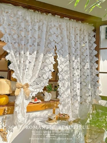 Daliena Scheibengardine Spitze Vorhang Kurz Halbtransparente BxH 120x90cm | Dekoschal Gardine Bistrogardine Blumen Vintage, Fenstergardinen Romantisch für Küche Cafés Wohnzimmer Weiß 1 Stück