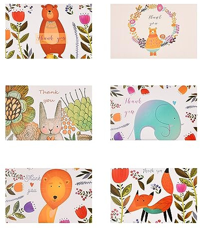 Dokeno 12er Set Dankeskarten - Perfekt für Familie & Freunde - Vielseitig für Abschied, Geburt, Hochzeit - Hochwertige Grußkarten - Danke Karten mit Liebevoll Tiere Gemalten Aquarellmotiven