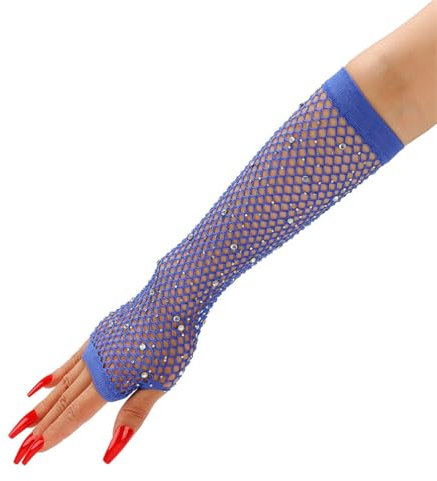 1 Paar Strass Fingerlose Netzhandschuhe Damen FischHandschuhe Netzärmel Armstulpen Opernhandschuhen Fishnet Gloves Rock Handschuhe Spitzenhandschuhe für Hochzeiten Opern Dinnerpartys Prom (Blau)