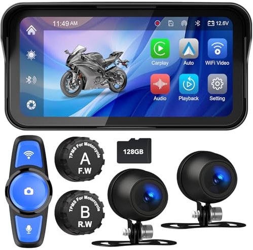 Tenbaba 6.25 Motorcycle CarPlay& Android Auto, Motorcycle Dash Cam, Motorbike TPMS, Motorbike GPS Navigation System, IP67 Waterproof, Remote Control, Support Siri, Free 128G SD Card Loop Recording