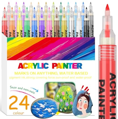 Alitastro Acrylic Paint Pens Waterproof Markers 24 Colors Permanent Marker Pens Acrylic Pens for Rock Painting Glass Stone Ceramic Metal Fabric Pebble Painting pens Craft Supplies (0.7mm Tip)