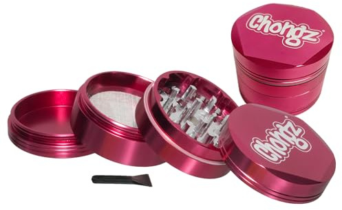 Chongz 54mm Sharp Shark Magnetic bi-Metallic 4 Part Hex Grinder Colour co-ordinated Aluminium Chassis, with Milled Steel Grinding Surface and Sieve, Scraper Tool 26 Diamond Shaped Teeth (Pink)